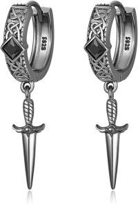 wholesale 925 Sterling Silver Norse Jewelry Viking Valknut Huggie Earrings with Wolf Claws and Celtic Knot Design-Sword Hoop Earrings-Black