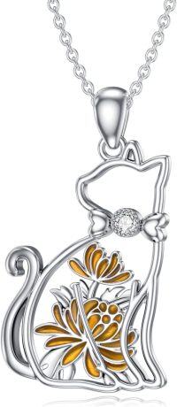 wholesale Sterling Silver Lab Grown Diamond Cat Birth Flower Necklace for Women-11-Cat and Chrysanthemum