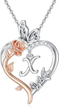 wholesale Sterling Silver Rose Heart Butterfly Initial Necklace for Women Anniversary Mother s Day Birthday Gift for Her Wife Girlfriend Mom-X Initial