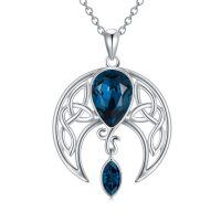 wholesale 925 Sterling Silver Blue Crystal Moon Pendant Necklace Wholesale With Celtic Knot Design-09_ Simulated Sapphire (Dark Blue)