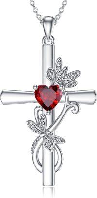 wholesale Sterling Silver Birthstone Dragonfly Cross Pendant Necklace for Women-01-January