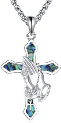 wholesale 925 Sterling Silver Abalone Shell Inlay Praying Hands Cross Hecate Pendant Necklaces for Women's Gift-Praying Hands