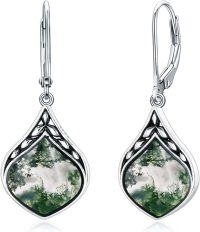 wholesale Sterling Silver Natural Gemstone Vintage Irish Celtic Teardrop Dangle Earrings-Moss Agate