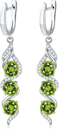 wholesale Sterling Silver 5mm Round Cut Genuine Created Gemstone Leverback 3 Birthstone Dangle Earrings-Peridot