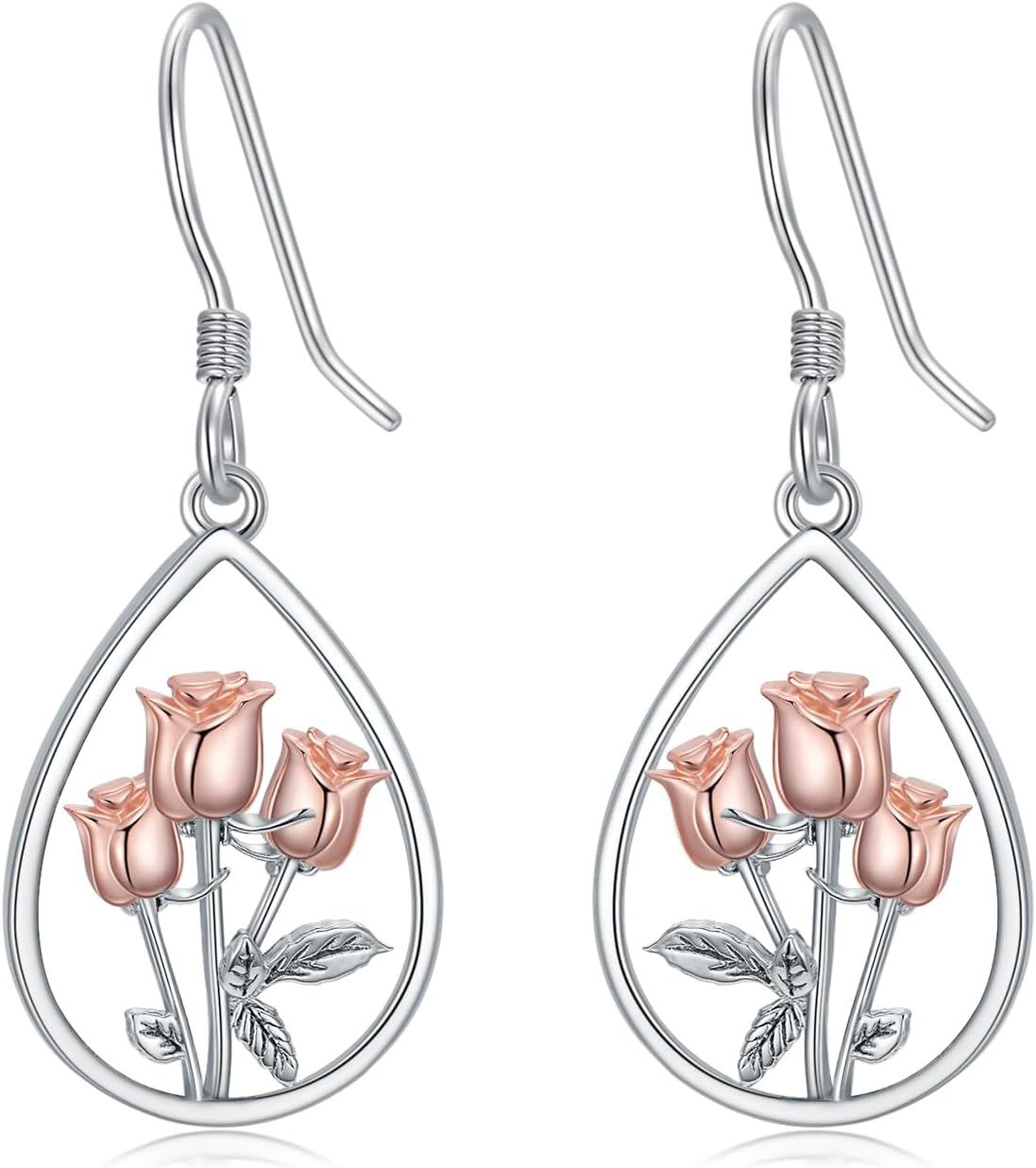 Sterling Silver Snowflake Daisies Sunflower Comedy Tragedy Mask Opera Mask Hummingbird Black Cat Dangle Earrings for Women-Rose