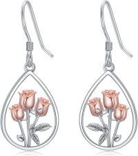 wholesale 925 Sterling Silver Rose Teardrop Drop Earrings with Pink Gold Plated Accents for Women-Rose
