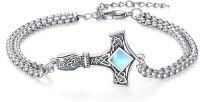 wholesale Sterling Silver Archangel St Thor Hammer Protection Amulet Bracelet for Men Women 7 +2 Adjustable Chain-03-Thor Hammer(square-moonstone silver)