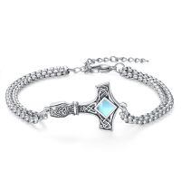 wholesale 925 Sterling Silver Archangel St Thor Hammer Protection Amulet Bracelet  for Men Women 7 +2 Adjustable Chain-03-Thor Hammer(square-moonstone silver)