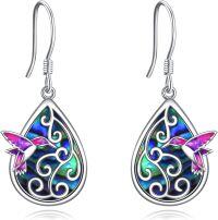 wholesale 925 Sterling Silver Filigree Tree of Life Hummingbird Daisy Butterfly Lotus Drop Earrings with Abalone Shell Inlay-Hummingbird earrings