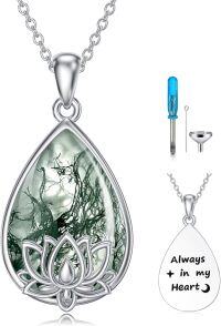 wholesale 925 Sterling Silver Lotus Flower Green Moss Agate Teardrop Cremation Keepsake Pendant Necklace with Funnel and Fill Tool Set-21-Lotus-Moss Agate Crystal