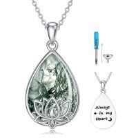 wholesale 925 Sterling Silver Lotus Flower Green Moss Agate Teardrop Cremation Keepsake Pendant Necklace with Funnel and Fill Tool Set-21-Lotus-Moss Agate Crystal