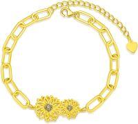 wholesale 925 Sterling Silver Plated Gold  Sunflower Link Chain Anklet with Heart Charm for Women-Sunflower