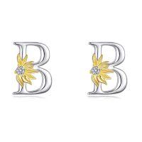 wholesale 925 Sterling Silver Sunflower Initial Alphabet Letter Script Name Stud Earrings for Women-Initial B