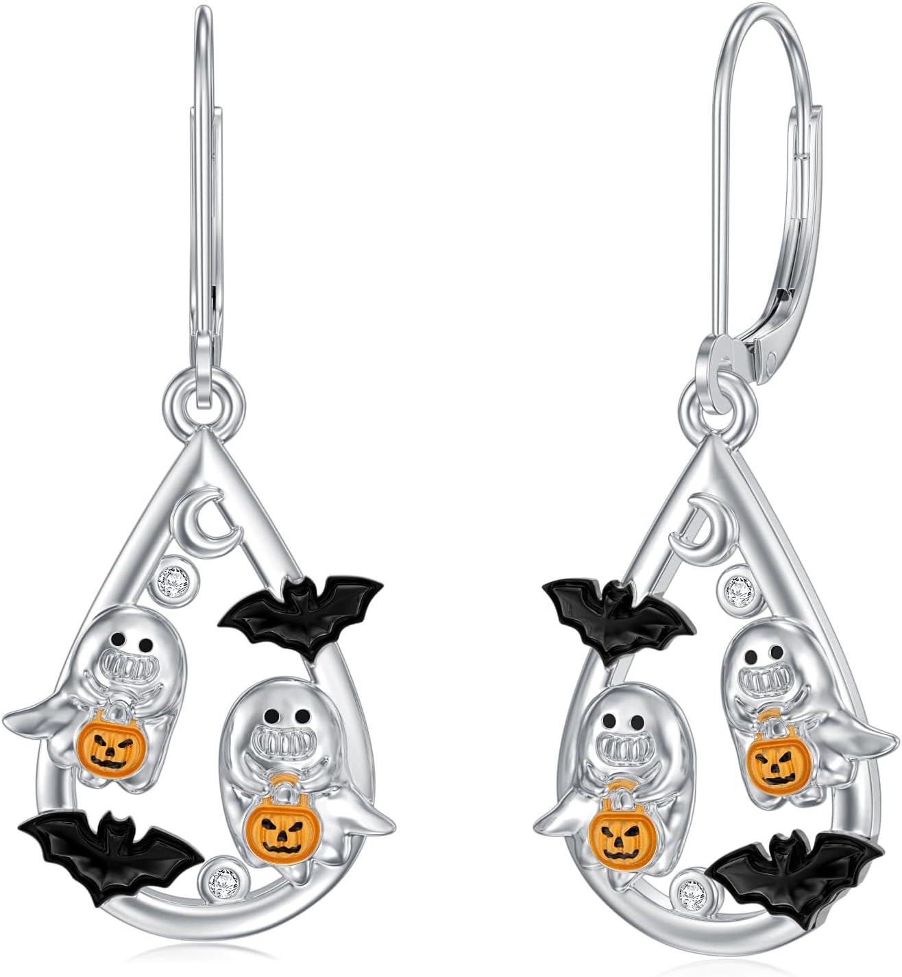 wholesale 925 Sterling Silver Ghosts & Pumpkins Teardrop Gothic Halloween Dangle Earrings-0-0