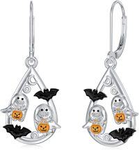 wholesale 925 Sterling Silver Ghosts & Pumpkins Teardrop Gothic Halloween Dangle Earrings-03-Bat Ghost