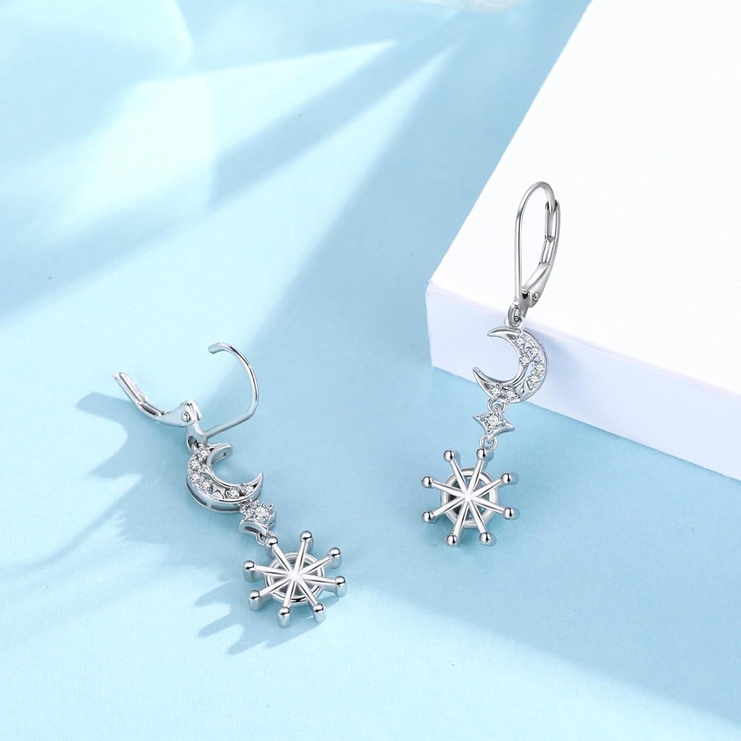 925 Sterling Silver Snowflake Moon Star Leverback Earrings for Sensitive Skin-0-4