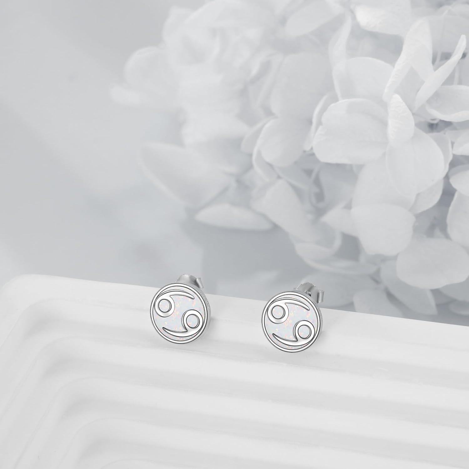 925 Sterling Silver White Opal Cancer Zodiac Constellation Stud Earrings-0-2