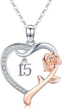wholesale 925 Sterling Silver Cubic Zirconia Heart Rose Necklace for Women's 15th Birthday Gift-15th