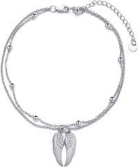 wholesale 925 Sterling Silver Double Chain Rosary Anklet w/Heart & Angel Wings Charm for Women-Angel Wing