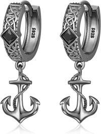 wholesale 925 Sterling Silver Anchor Drop Dangle Hook Earrings for Men Women Norse -Anchor Hoop Earrings-Black