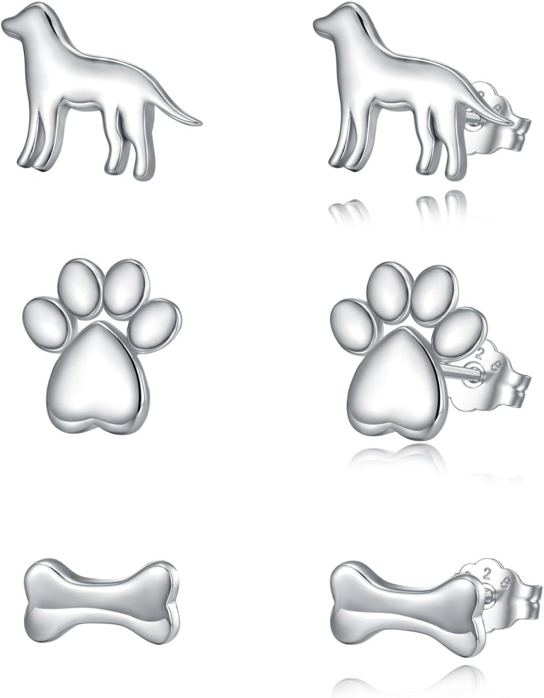 Sterling Silver 3 Pairs Women s Stud Earrings Set-03-Dog Paw