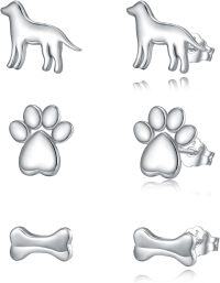 wholesale 925 Sterling Silver Dog & Paw Print Bone Studs for Women (Set of 6)-03-Dog Paw