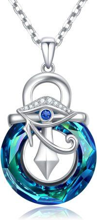 wholesale 925 Sterling Silver Blue Topaz Crystal Eye Of Horus Ankh Cross Pendant Necklace For Women-Eye of Horus Ankh Cross Necklace with Blue Crystal