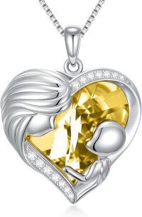 wholesale  Sterling Silver & White Gold Plated Citrine Heart Necklace with Austrian Crystal – Mother Holding Child Pendant, November Birthstone Jewelry Gift for Mom, Wife, Women-11-November-Citrine