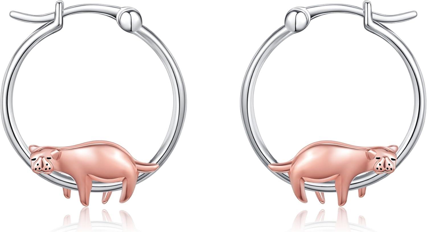 Sterling Silver Animal Hoop Earrings Duck Cow Pig Dog Yorkie Otter Hypoallergenic Cute Gifts for Women-Otter-B