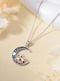 wholesale 925 Sterling Silver Sloth and Panda on Crescent Moon Charm Necklace with Blue Stone Accent-0-3