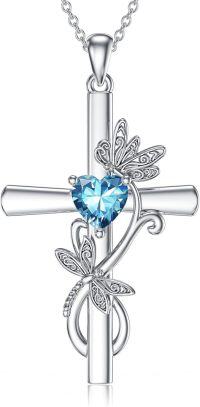 wholesale Sterling Silver Birthstone Dragonfly Cross Pendant Necklace for Women-12-December