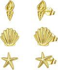 wholesale 925 Sterling Silver Seashell Starfish Conch Shell Stud Earring Set for Women (3 pairs)-0-0