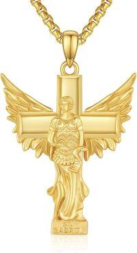 wholesale Gold 925 Sterling Silver Saint Gabriel Angel Cross Pendant Necklace with Winged Statue Charm for Men-Gold