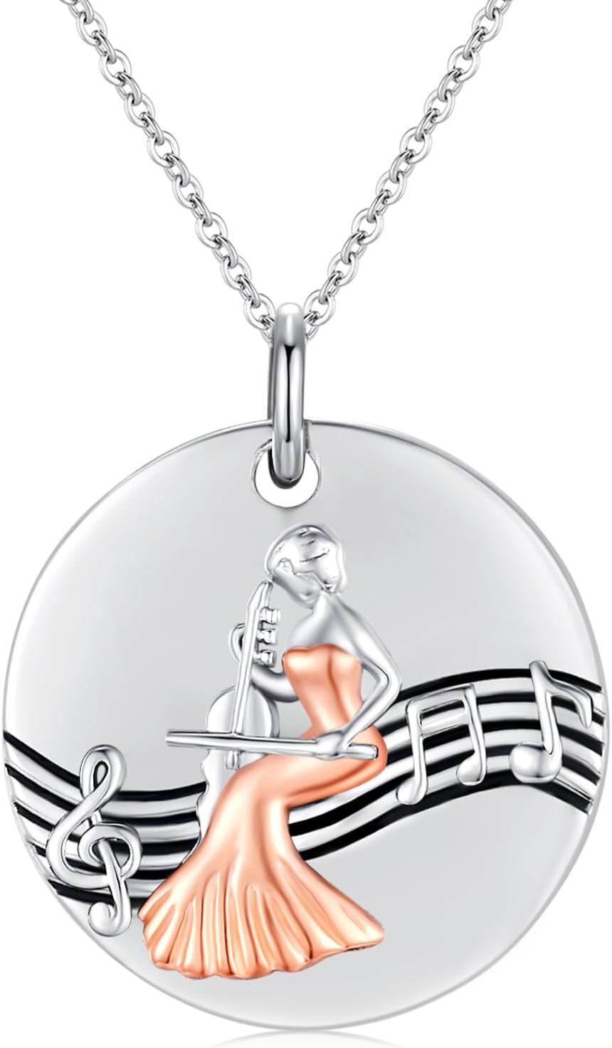 925 Sterling Silver Musician Pendant Necklace with Rose Gold Accents and Musical Notes - Friendship Graduation Gift for Her Daughter or Sister-0-0