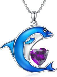 wholesale Sterling Silver Birthstone Blue Dolphin Pendant Necklace-February