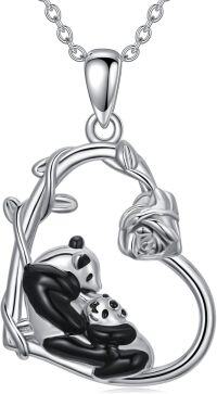 wholesale 925 Sterling Silver Cute Panda Bear in Heart Shape Pendant Necklaces for Women Girls-Panda