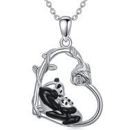 wholesale 925 Sterling Silver Cute Panda Bear in Heart Shape Pendant Necklaces for Women Girls-Panda