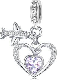 wholesale 925 Sterling Silver Birthstone Heart Charm with Airplane Charms for Anklets Women Mom Lover-06-June-Light Purple