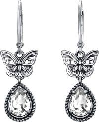 wholesale Sterling Silver Butterfly Earrings with Austrian Simulated Birthstone Crystals Vintage Retro Oxidized Dangle Drop Jewelry Gifts for Women-Clear White