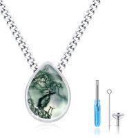wholesale 925 Sterling Silver Teardrop Shape Green Moss Agate & Black Onyx Cremation Keepsake Jewelry Box Pendant Necklace for Ashes Memorial Gift-Moss Agate