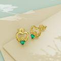 wholesale 14K Gold Heart-Shaped Emerald Stud Earrings with Claddagh Design and Leverbacks-0-4