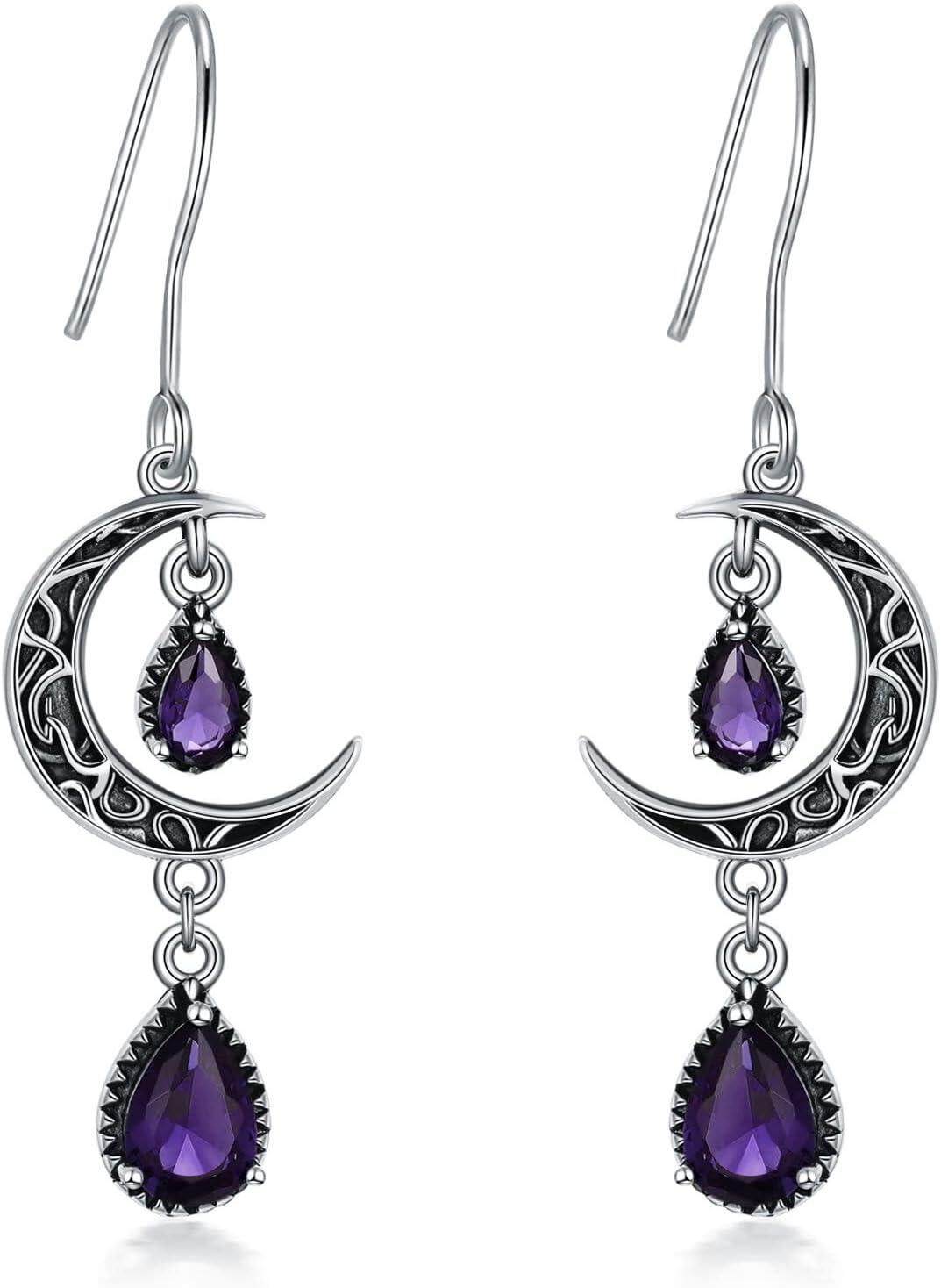 wholesale Sterling Silver Moon Earrings w Emerald Amethyst Ruby Sapphire Pink Peridot Aquamarine Citrine Black Rainbow Topaz Celtic Dangle Drops-Purple