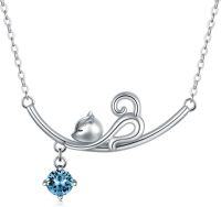 wholesale Sterling Silver Austrian Crystal Cat Kitten Pendant Necklace Birthstone Gift-Aqua Blue