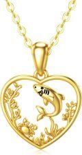 wholesale 14K Gold Heart-Shaped Shark Pendant Necklace with Chain for Women - Ocean Life (Length: 37cm)-0-0
