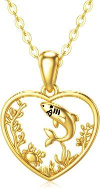 wholesale 14K Gold Heart-Shaped Shark Pendant Necklace with Chain for Women - Ocean Life (Length: 37cm)-Shark