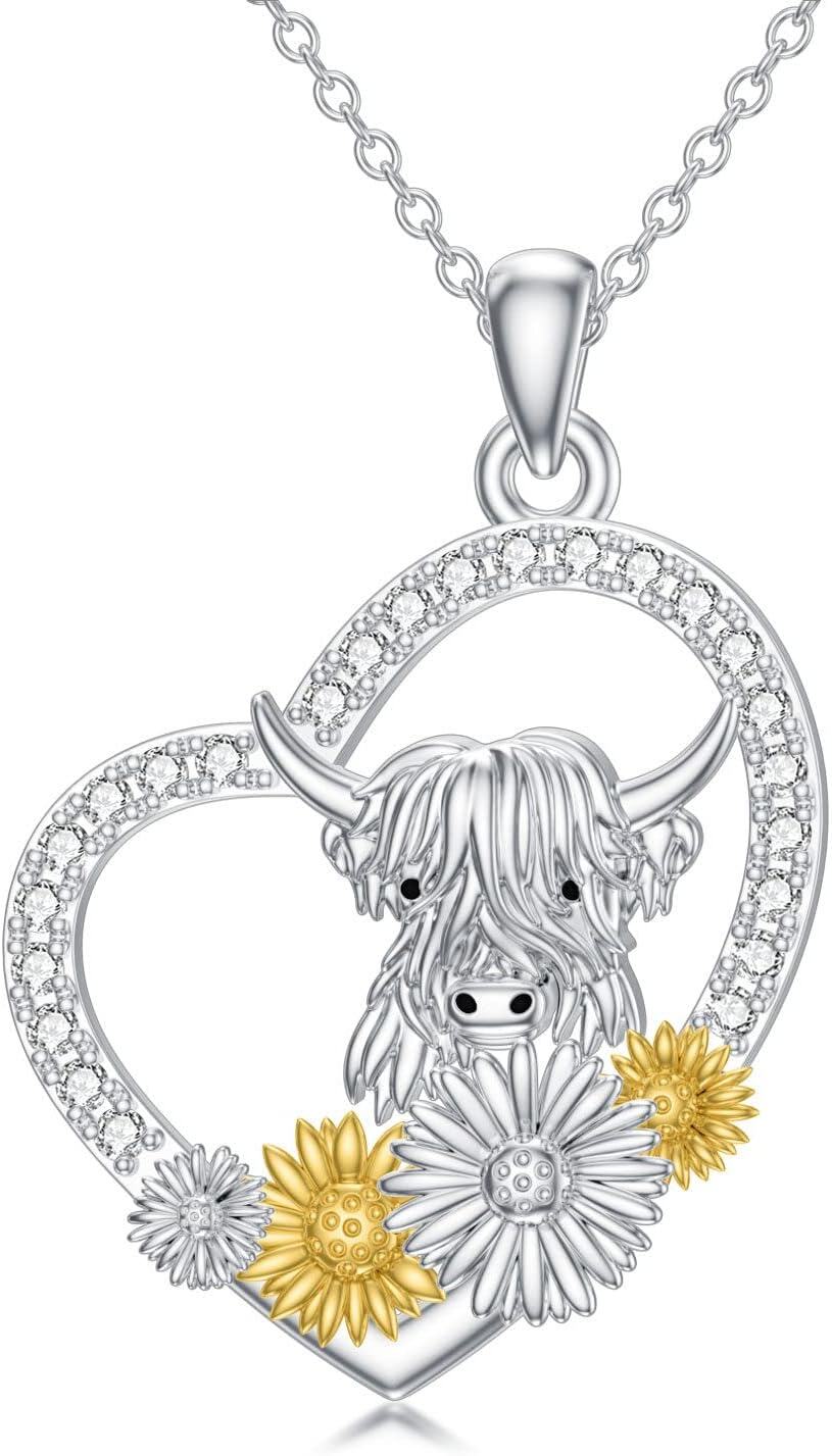 925 Sterling Silver Heart-Shaped Highland Cow Pendant Necklace with Sunflowers and Daisy Flowers s for Women-0-0