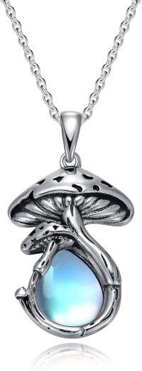 wholesale Sterling Silver Mushroom Necklace with Malachite Moss Agate Opal Moonstone Black Onyx Pendant Women s Jewelry Gift-Moonstone Mushroom
