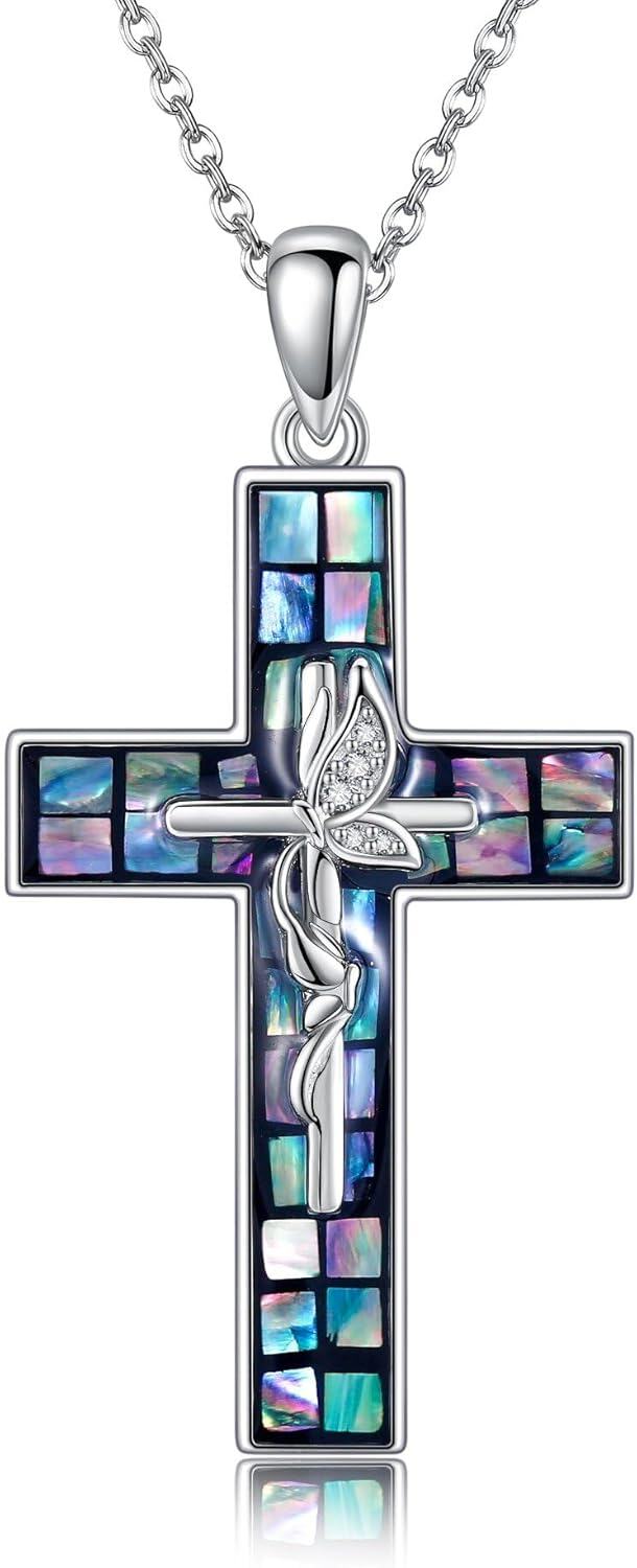 wholesale 925 Sterling Silver Inlay Shell Crucifix Cross Pendant Necklaces with Chain for Men & Women - Religious -0-0