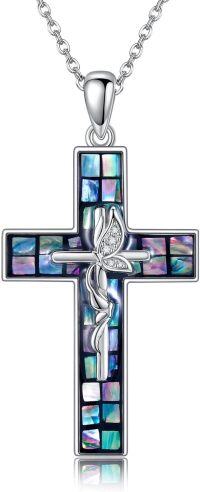 wholesale 925 Sterling Silver Inlay Shell Crucifix Cross Pendant Necklaces with Chain for Men & Women - Religious -Butterfly Cross