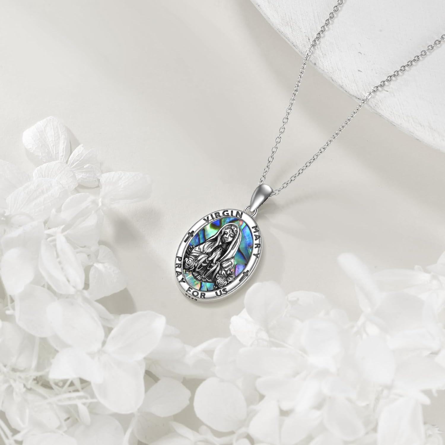wholesale 925 Sterling Silver Virgin Mary Medal Pendant Necklace with Abalone Shell and Crosses for Women Catholic Christian Gifts-0-2